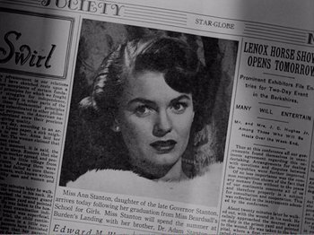 Movie still from “All the King's Men” (1949), directed by Robert Rossen – An old photo of a young woman in a newspaper article; Extreme Close Up shot, High angle