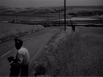 Movie still from “All the King's Men” (1949), directed by Robert Rossen – A man standing on the side of a road near a field; Extreme Wide shot, High angle