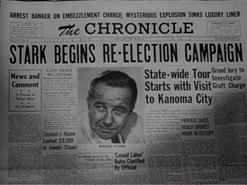 Movie still from “All the King's Men” (1949), directed by Robert Rossen – A black and white photo of a newspaper article; Close Up shot, High angle