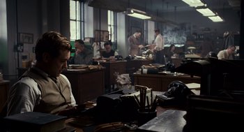 Movie still from “All the King's Men” (2006), directed by Steven Zaillian – A group of men sitting at a table in a room; Medium shot, High angle