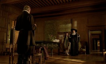 Movie still from “Tous les matins du monde” (1991), directed by Alain Corneau – A man and a woman dressed in medieval clothing; Wide shot, Over the shoulder angle