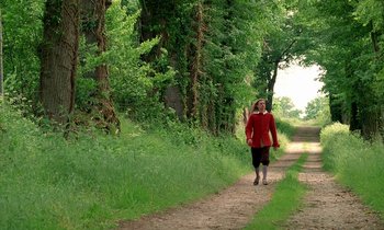 Movie still from “Tous les matins du monde” (1991), directed by Alain Corneau – A woman walking down a dirt road near a wooded area; Wide shot, Low angle