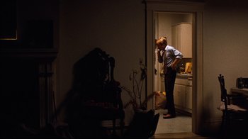 Movie still from “All the President's Men” (1976), directed by Alan J. Pakula – A person standing in a room looking in a mirror; Wide shot, High angle