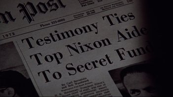 Movie still from “All the President's Men” (1976), directed by Alan J. Pakula – The front page of a newspaper; Extreme Close Up shot, Overhead angle