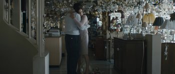 Movie still from “Alps” (2011), directed by Yorgos Lanthimos – A man and a woman hugging in a room filled with chandeliers; Medium shot, Over the shoulder angle