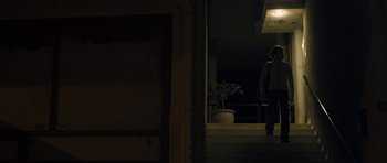 Movie still from “Alps” (2011), directed by Yorgos Lanthimos – A person walking down a staircase at night; Wide shot, Low angle