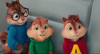 Movie still from “Alvin and the Chipmunks: The Squeakquel” (2009), directed by Betty Thomas – A group of alvin and the chipmunks standing next to each other; Medium shot, High angle