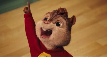Movie still from “Alvin and the Chipmunks: The Squeakquel” (2009), directed by Betty Thomas – A toy chipmunk pointing up; Close Up shot, Low angle