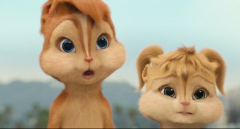 Movie still from “Alvin and the Chipmunks: The Squeakquel” (2009), directed by Betty Thomas – A couple of people that are next to each other; Close Up shot, Low angle