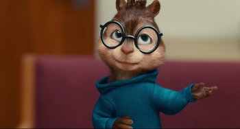 Movie still from “Alvin and the Chipmunks: The Squeakquel” (2009), directed by Betty Thomas – A chipmunk wearing glasses and a blue sweater; Close Up shot, Over the shoulder angle