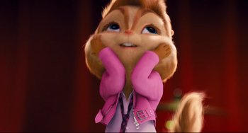 Movie still from “Alvin and the Chipmunks: The Squeakquel” (2009), directed by Betty Thomas – A chipmunk wearing a pink jacket and holding his hands to his face; Close Up shot, Low angle