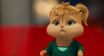 Movie still from “Alvin and the Chipmunks: The Squeakquel” (2009), directed by Betty Thomas – The face of a stuffed animal chipmunk; Close Up shot, Over the shoulder angle