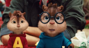 Movie still from “Alvin and the Chipmunks: The Squeakquel” (2009), directed by Betty Thomas – A chipmunk wearing a pair of glasses and wearing a sweater; Close Up shot, Low angle