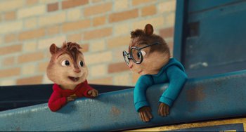 Movie still from “Alvin and the Chipmunks: The Squeakquel” (2009), directed by Betty Thomas – A couple of chipmunks sitting next to each other on a bench; Medium shot, Over the shoulder angle