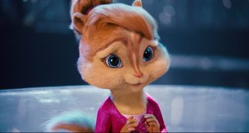 Movie still from “Alvin and the Chipmunks: The Squeakquel” (2009), directed by Betty Thomas – A toy chipmunk wearing a pink shirt; Close Up shot, Over the shoulder angle