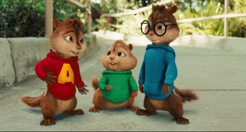 Movie still from “Alvin and the Chipmunks: The Squeakquel” (2009), directed by Betty Thomas – Three chipmunks dressed up like alvin and the chipmunks; Medium shot, High angle