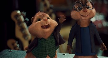 Movie still from “Alvin and the Chipmunks: The Squeakquel” (2009), directed by Betty Thomas – A couple of chipmunks that are next to each other; Medium shot, Low angle