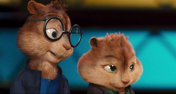 Movie still from “Alvin and the Chipmunks: The Squeakquel” (2009), directed by Betty Thomas – A couple of people that are next to each other; Close Up shot, Over the shoulder angle