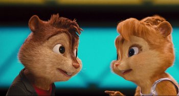 Movie still from “Alvin and the Chipmunks: The Squeakquel” (2009), directed by Betty Thomas – A couple of chipmunks looking at one another; Close Up shot, Low angle