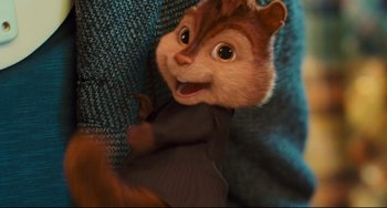 Movie still from “Alvin and the Chipmunks: The Squeakquel” (2009), directed by Betty Thomas – A chipmunk with a brown shirt and a brown jacket; Close Up shot, High angle