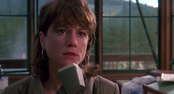 Movie still from “Always” (1989), directed by Steven Spielberg – A woman is sitting in front of a window with a phone in her ear; Close Up shot, Low angle