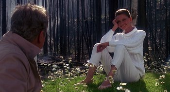 Movie still from “Always” (1989), directed by Steven Spielberg – A woman sitting in the grass with a man in front of her; Medium shot, Over the shoulder angle