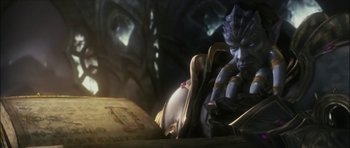 Movie still from “American Dharma” (2018), directed by Errol Morris – An image of an alien reading a book in a dark place; Close Up shot, Low angle