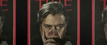 Movie still from “American Dharma” (2018), directed by Errol Morris – A time magazine cover with a man's face on it; Extreme Close Up shot, Overhead angle