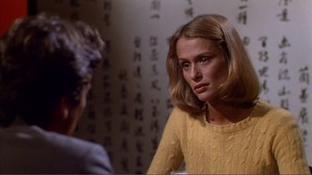 Movie still from “American Gigolo” (1980), directed by Paul Schrader – A woman sitting in front of another woman in front of a wall; Close Up shot, Over the shoulder angle