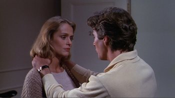 Movie still from “American Gigolo” (1980), directed by Paul Schrader – A man and a woman looking at one another in a room; Close Up shot, Over the shoulder angle
