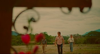 Movie still from “American Made” (2017), directed by Doug Liman – Three men are walking in a field with flowers in the background; Wide shot, Over the shoulder angle