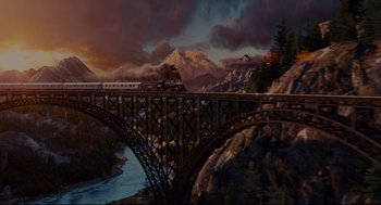 Movie still from “American Made” (2017), directed by Doug Liman – A painting of a train crossing a bridge over a river; Extreme Wide shot, High angle