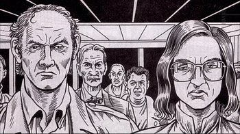 Movie still from “American Splendor” (2003), directed by Shari Springer Berman – A black and white drawing of a group of men and a woman; Close Up shot, High angle
