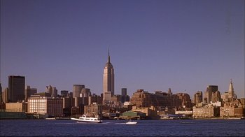 Movie still from “American Splendor” (2003), directed by Shari Springer Berman – A view of the empire state building from across the river; Extreme Wide shot, Low angle
