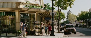 Movie still from “American Wedding” (2003), directed by Jesse Dylan – Three people walking down the sidewalk in front of a flower shop; Wide shot, Low angle