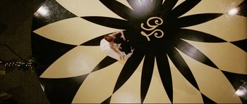 Movie still from “American Wedding” (2003), directed by Jesse Dylan – A woman in a white dress standing in front of a black and white flower; Extreme Wide shot, Overhead angle