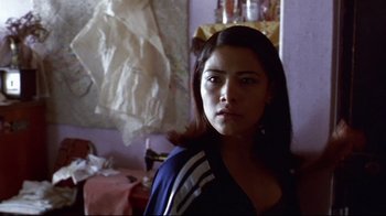 Movie still from “Amores Perros” (2000), directed by Alejandro G. Iñárritu – A woman standing in front of a mirror in a room; Close Up shot, Low angle