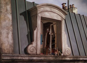 Movie still from “An American in Paris” (1951), directed by Vincente Minnelli – An open doorway of a building with a lot of stuff on it; Wide shot, Overhead angle