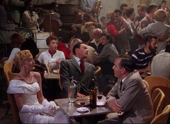 Movie still from “An American in Paris” (1951), directed by Vincente Minnelli – A group of people sitting around a table; Wide shot, High angle