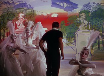 Movie still from “An American in Paris” (1951), directed by Vincente Minnelli – A man standing in front of a painting of women in white dresses; Wide shot, Low angle