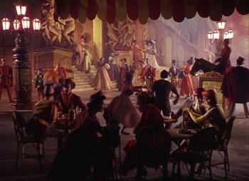 Movie still from “An American in Paris” (1951), directed by Vincente Minnelli – A group of people sitting at tables in front of a painting; Wide shot, High angle