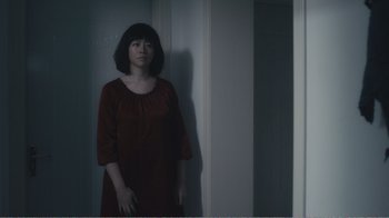 Movie still from “An Elephant Sitting Still” (2018), directed by Bo Hu – A woman in a red dress standing in a room; Medium shot, Low angle