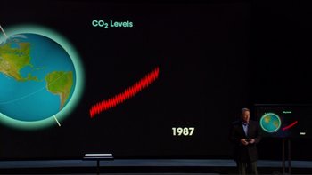 Movie still from “An Inconvenient Truth” (2006), directed by Davis Guggenheim – A man standing in front of a projection screen; Medium shot, Overhead angle