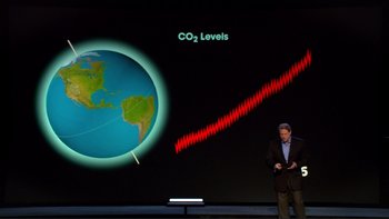 Movie still from “An Inconvenient Truth” (2006), directed by Davis Guggenheim – A man standing in front of a projection of a globe; Wide shot, Overhead angle