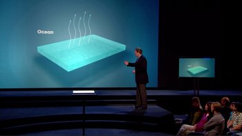 Movie still from “An Inconvenient Truth” (2006), directed by Davis Guggenheim – A man standing on a stage in front of a projection screen; Wide shot, High angle