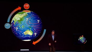 Movie still from “An Inconvenient Truth” (2006), directed by Davis Guggenheim – A man standing in front of an earth globe; Wide shot, Overhead angle
