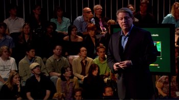 Movie still from “An Inconvenient Truth” (2006), directed by Davis Guggenheim – A man standing in front of a crowd of onlookers; Medium shot, Over the shoulder angle