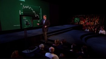 Movie still from “An Inconvenient Truth” (2006), directed by Davis Guggenheim – A man standing in front of an audience in front of a screen; Wide shot, Over the shoulder angle