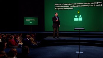 Movie still from “An Inconvenient Truth” (2006), directed by Davis Guggenheim – A man standing in front of an audience in front of a screen; Wide shot, High angle