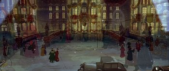 Movie still from “Anastasia” (1997), directed by Gary Goldman – An animated scene of a large building with lights; Extreme Wide shot, High angle